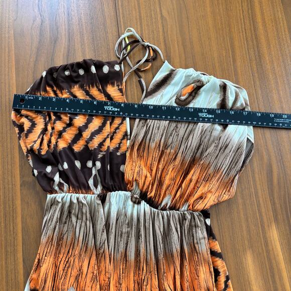 Y2K Trac USA Orange Multi Print V Neck Dress Ruched Stretchy Tie Back Size Small - Picture 6 of 6